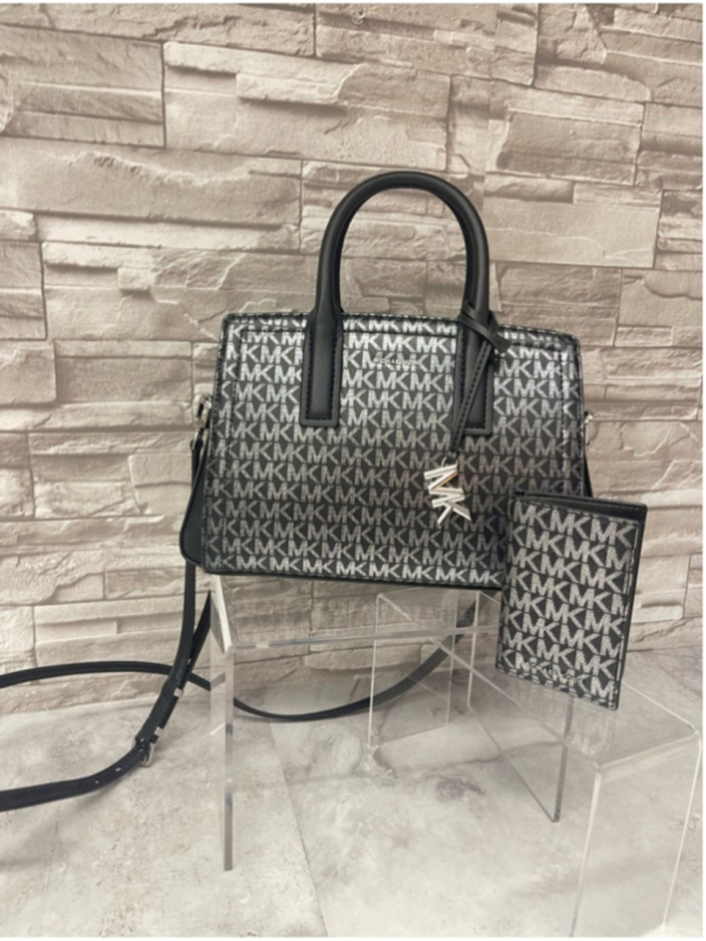 Michael Kors Laila Small Satchel & Matching Wallet Black Silver Metallic Logo